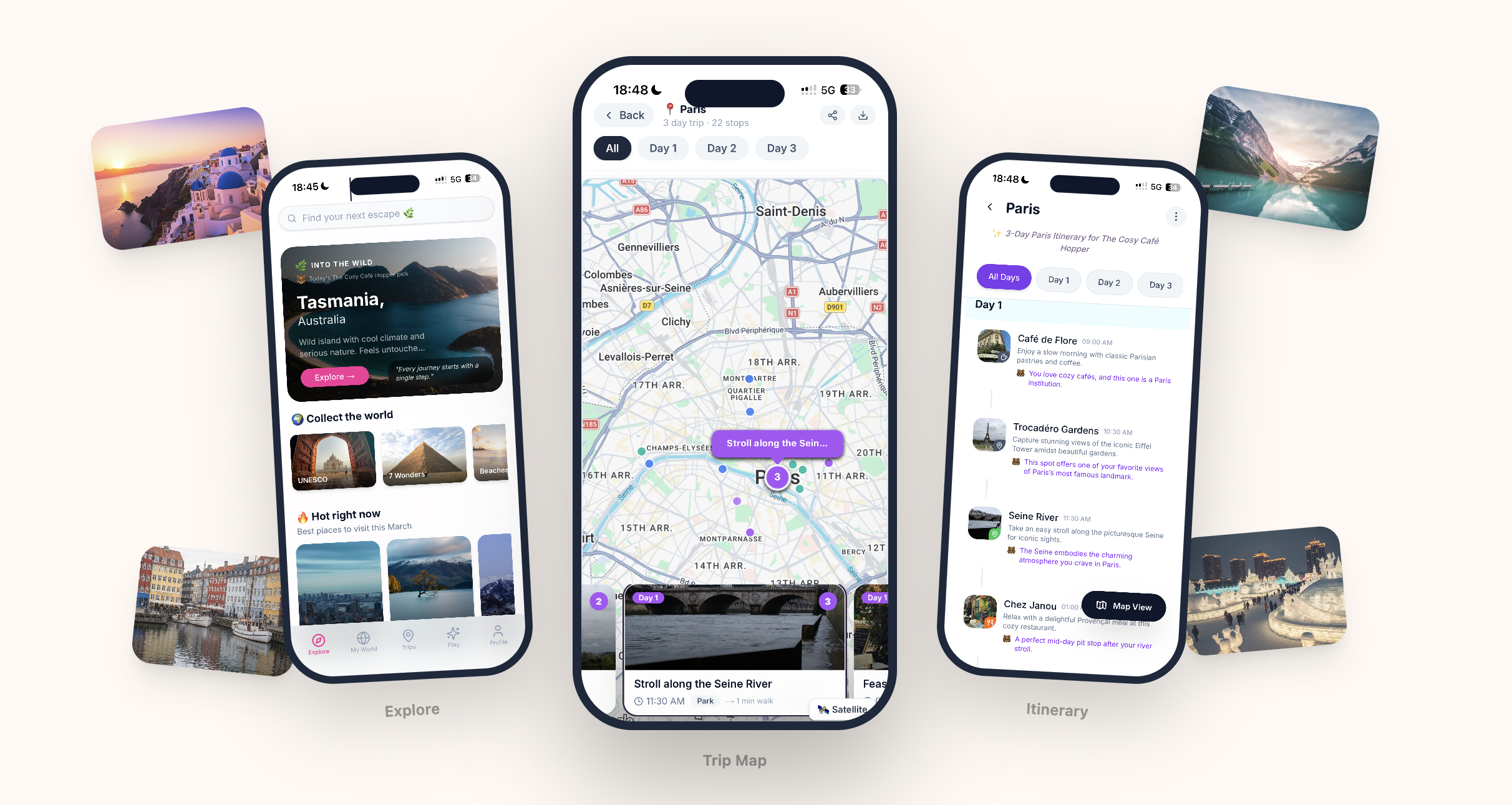 VoyaBear app screens showing Explore, Trip Map, and Itinerary views